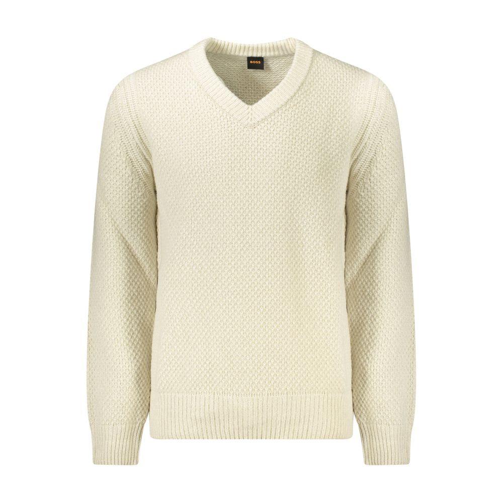 Hugo Boss Beige Uld Herre Trøje V Hals Med Logo Klassisk