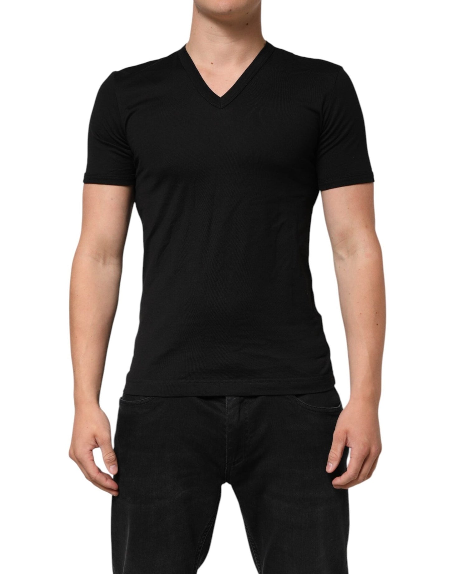 Dolce & Gabbana Black Cotton Plain V - Neck Men Shirt T-shirt - Le schmidt