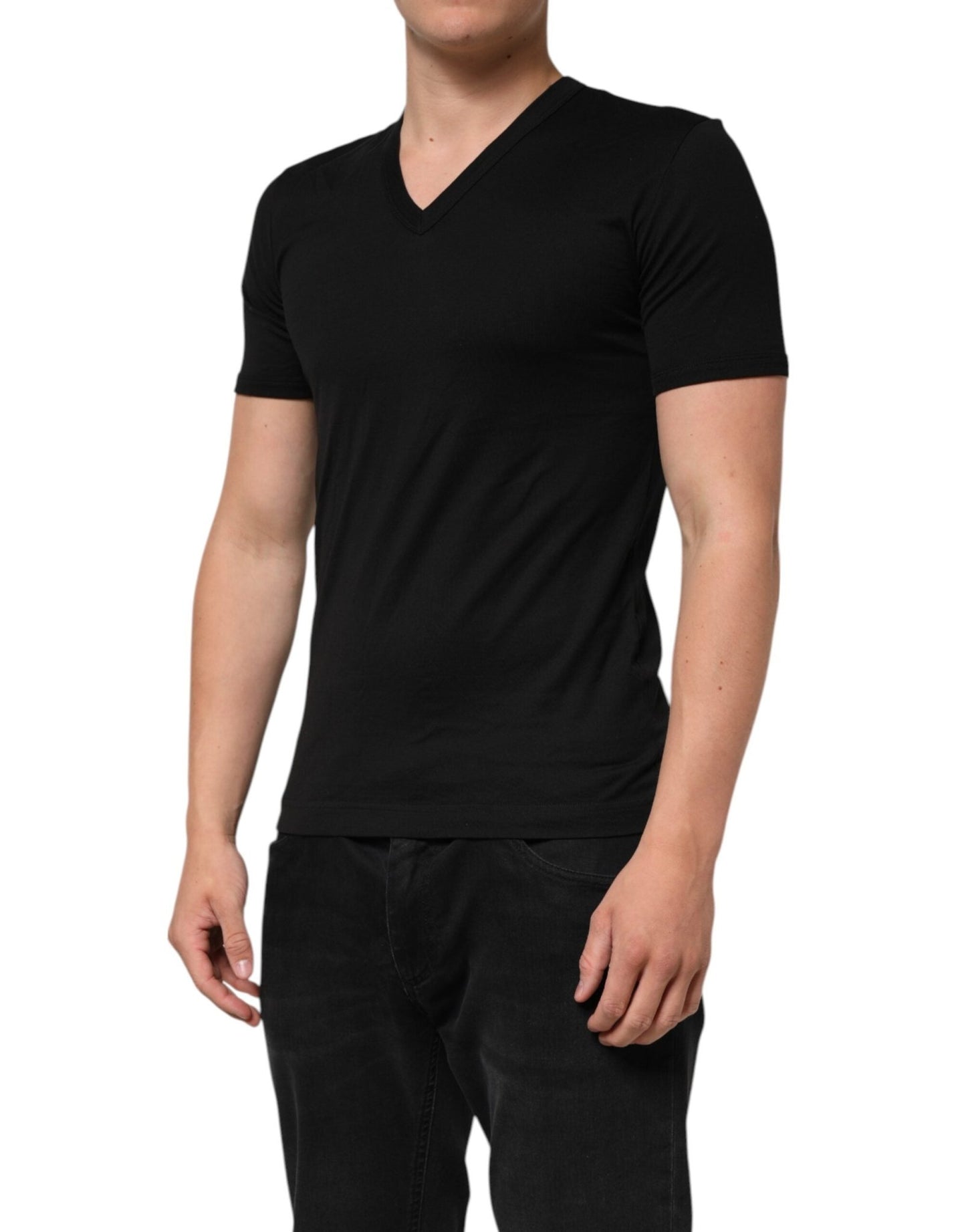 Dolce & Gabbana Black Cotton Plain V - Neck Men Shirt T-shirt - Le schmidt