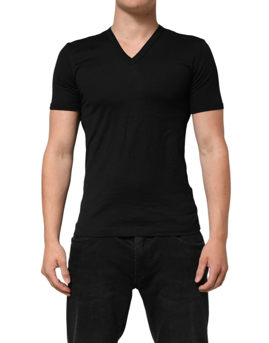 Dolce & Gabbana Black Cotton Plain V - Neck Men Shirt T-shirt - Le schmidt