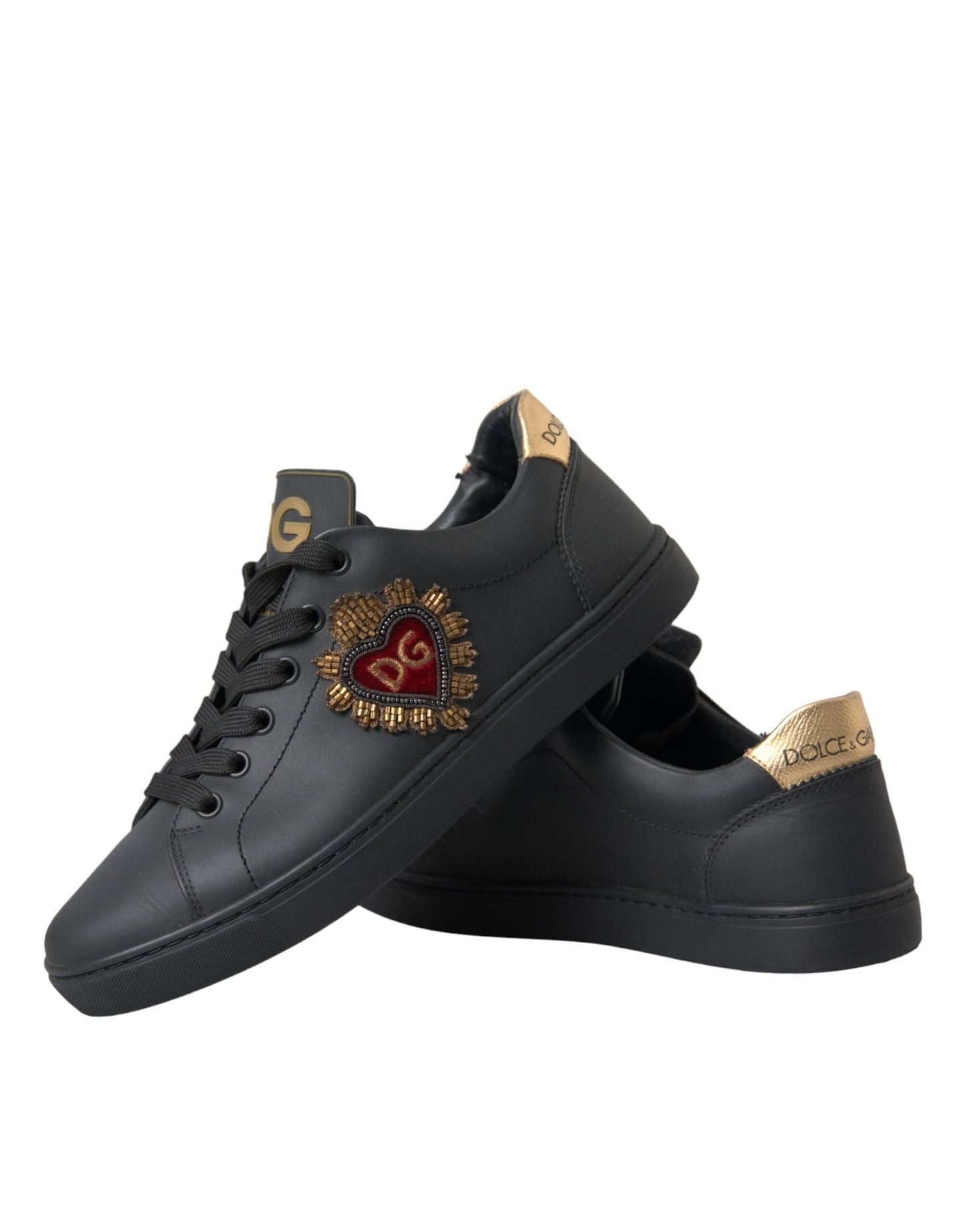 Dolce & Gabbana Black Leather Heart Embellished Sneakers Shoes - Le schmidt