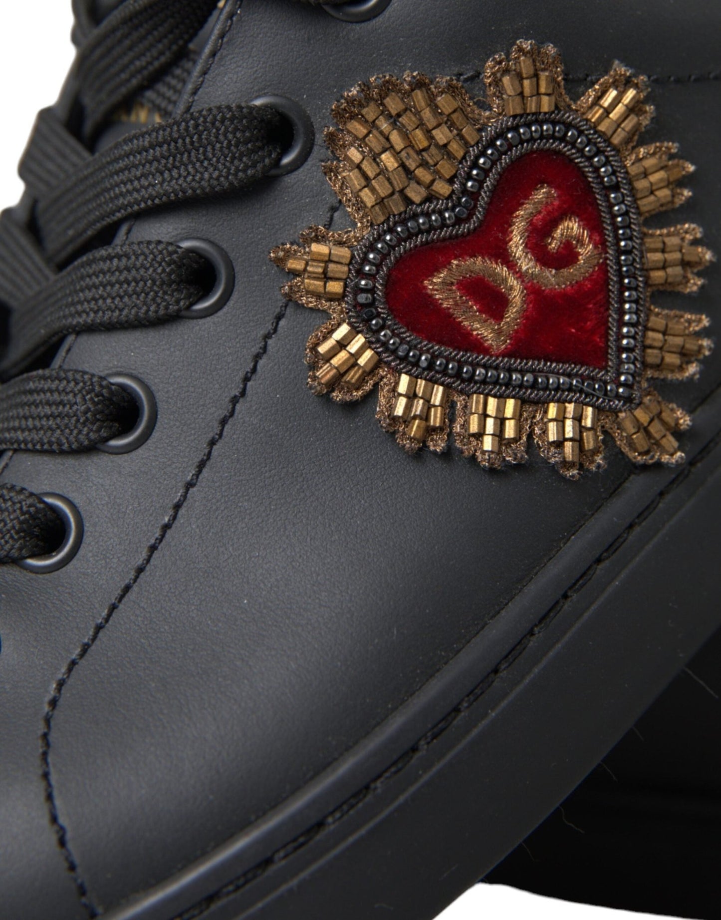 Dolce & Gabbana Black Leather Heart Embellished Sneakers Shoes - Le schmidt