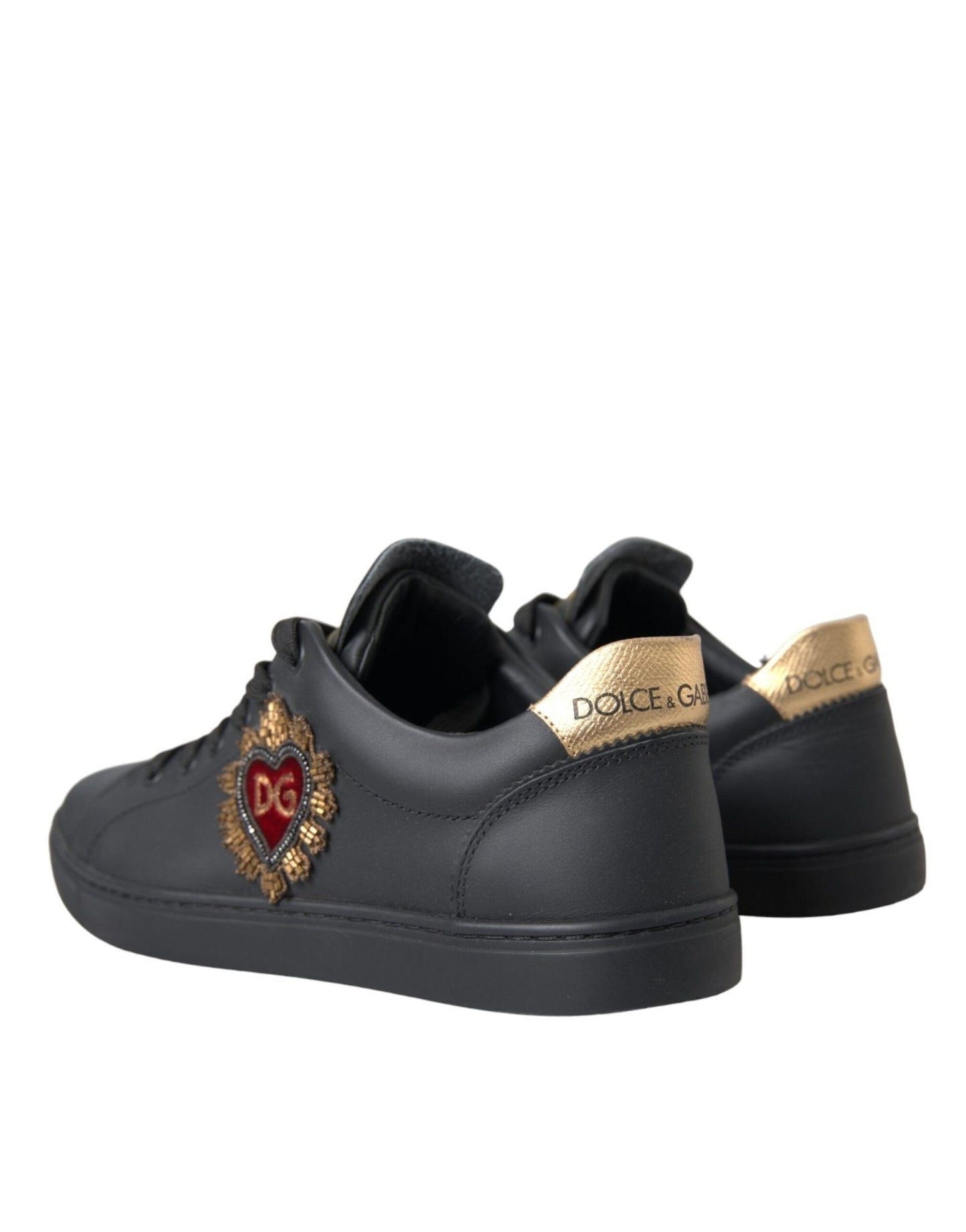 Dolce & Gabbana Black Leather Heart Embellished Sneakers Shoes - Le schmidt