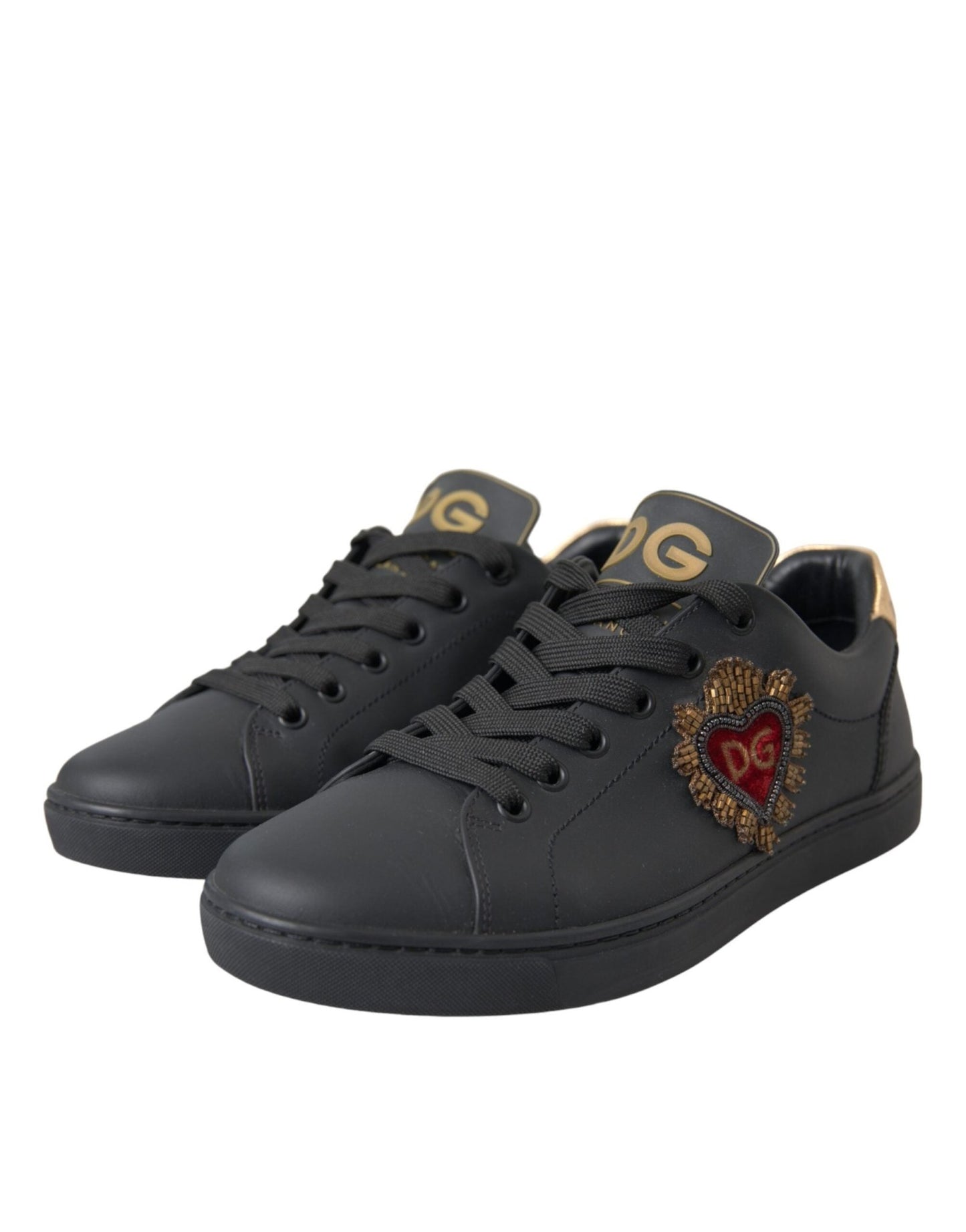 Dolce & Gabbana Black Leather Heart Embellished Sneakers Shoes - Le schmidt