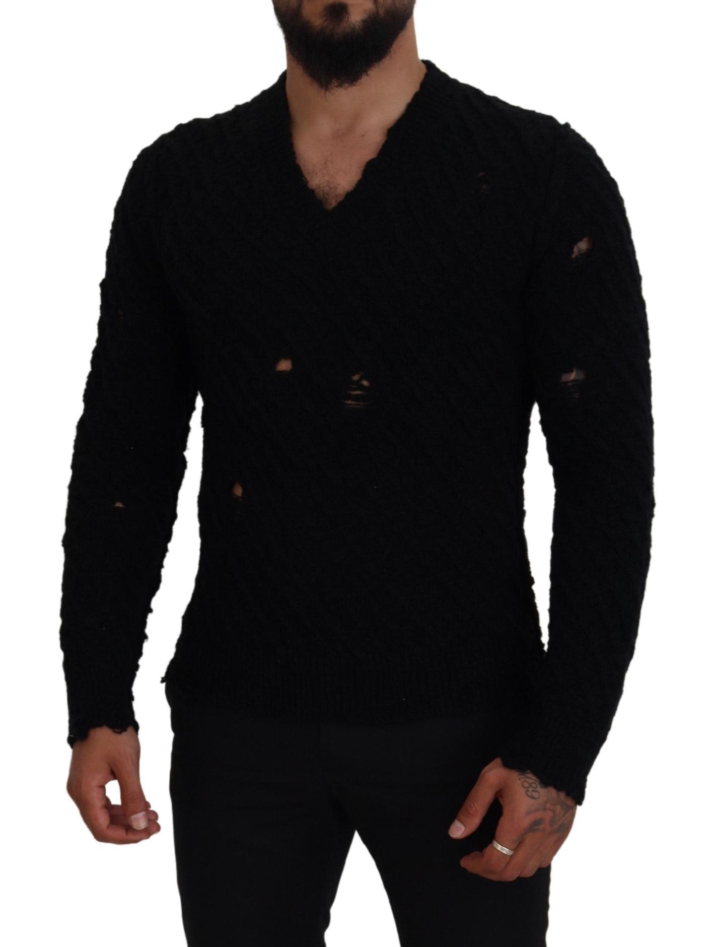 Dolce & Gabbana Black Wool V - neck Knitted Pullover Sweater - Le schmidt
