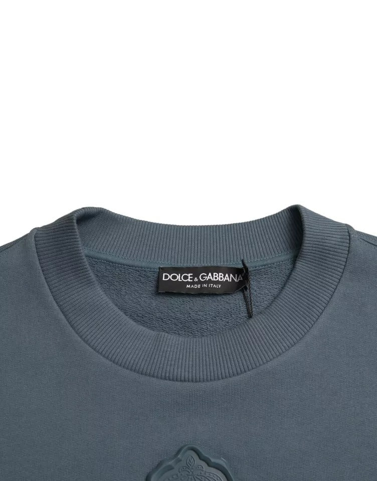 Dolce & Gabbana Blue Cotton Logo Patch Crew Neck Men Pullover Sweater - Le schmidt