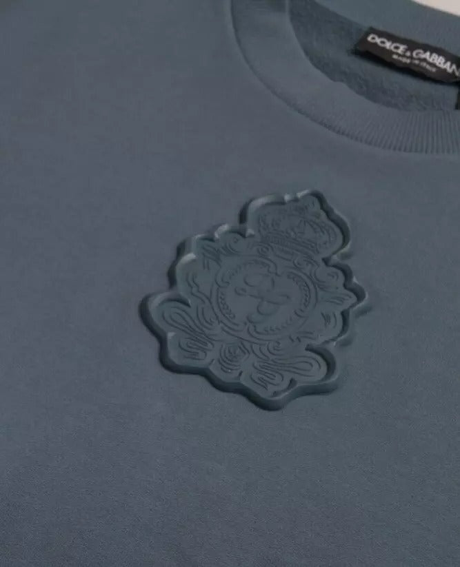 Dolce & Gabbana Blue Cotton Logo Patch Crew Neck Men Pullover Sweater - Le schmidt