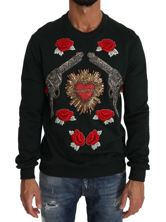 Dolce & Gabbana Green Crystal Heart Roses Gun Sweater - Le schmidt