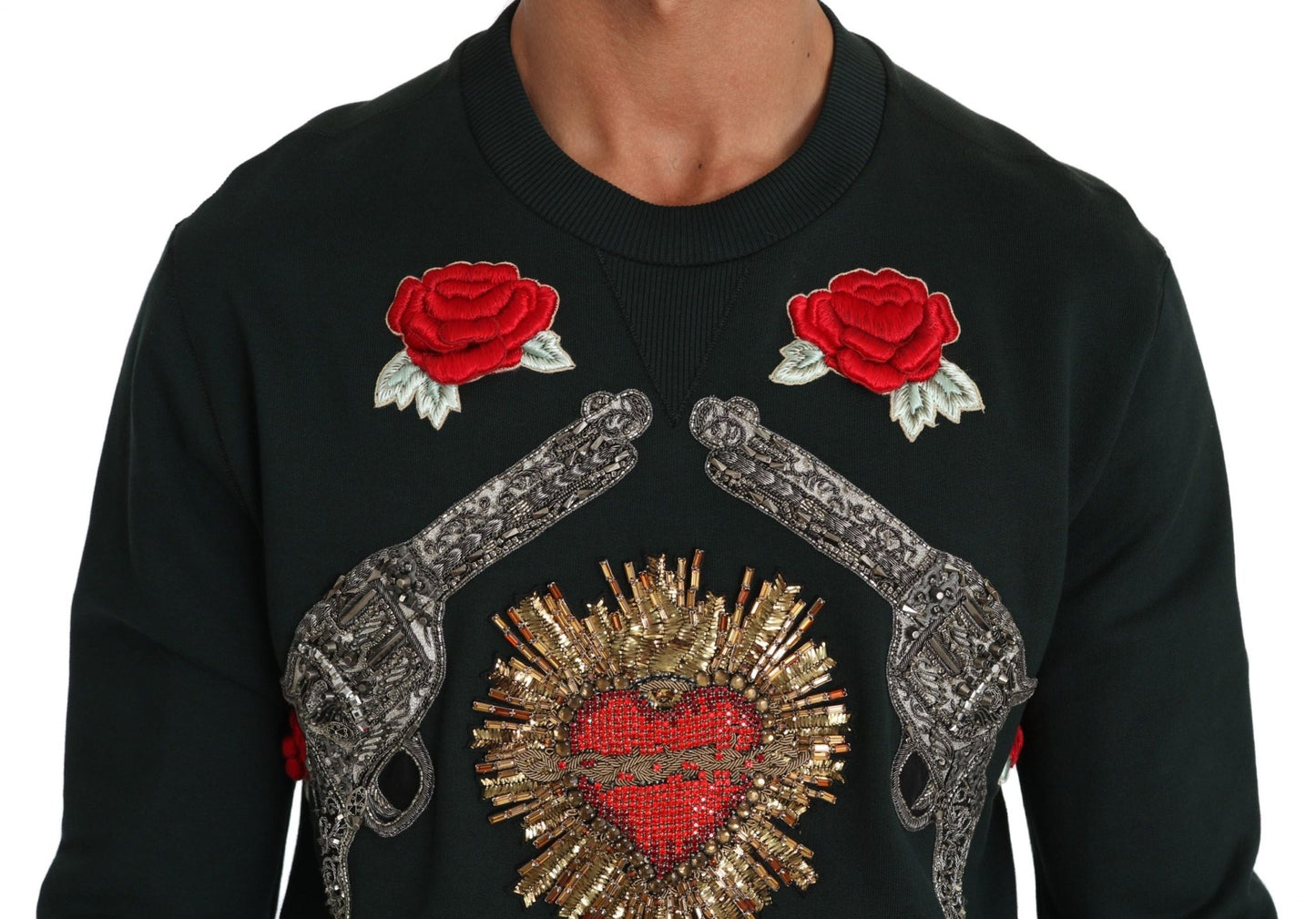 Dolce & Gabbana Green Crystal Heart Roses Gun Sweater - Le schmidt