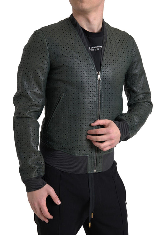 Dolce & Gabbana Green Perforated Leather Bomber Jacket - Le schmidt