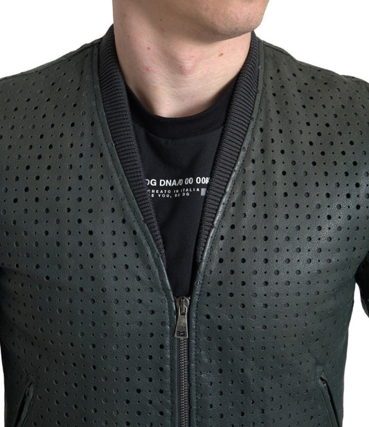 Dolce & Gabbana Green Perforated Leather Bomber Jacket - Le schmidt