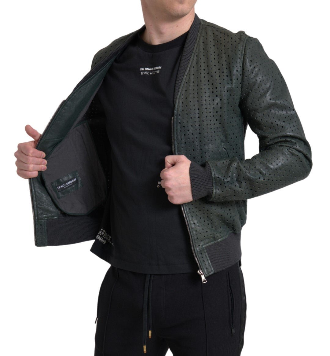 Dolce & Gabbana Green Perforated Leather Bomber Jacket - Le schmidt
