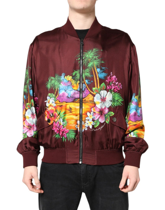 Dolce & Gabbana Maroon Floral Print Full Zip Bomber Jacket - Le schmidt