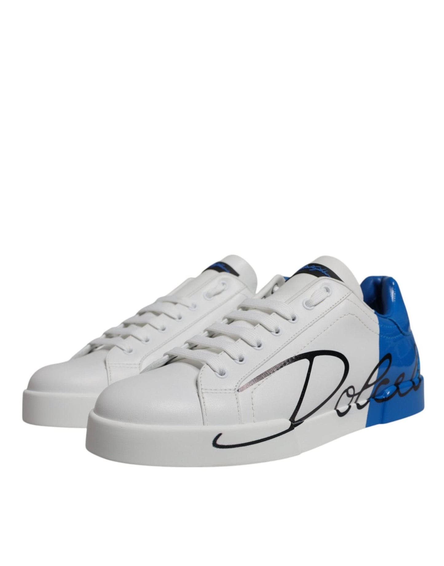 Dolce & Gabbana White Blue Leather Logo Low Top Sneakers Shoes - Le schmidt