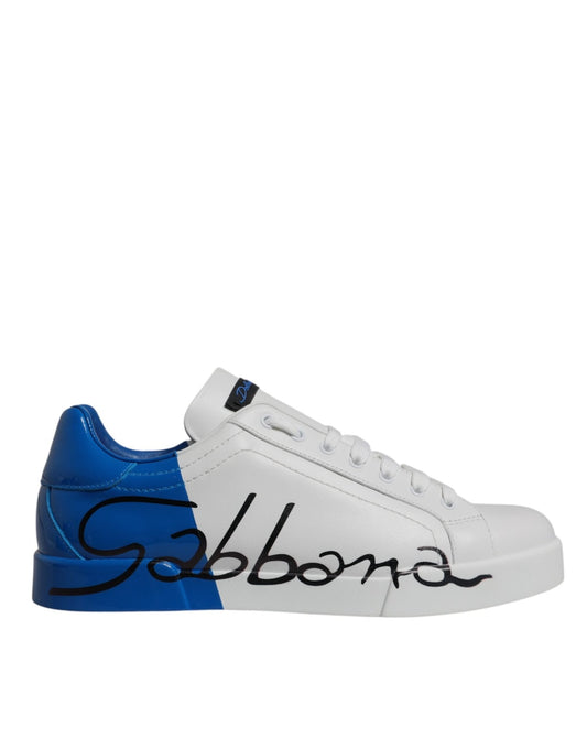 Dolce & Gabbana White Blue Leather Logo Low Top Sneakers Shoes - Le schmidt