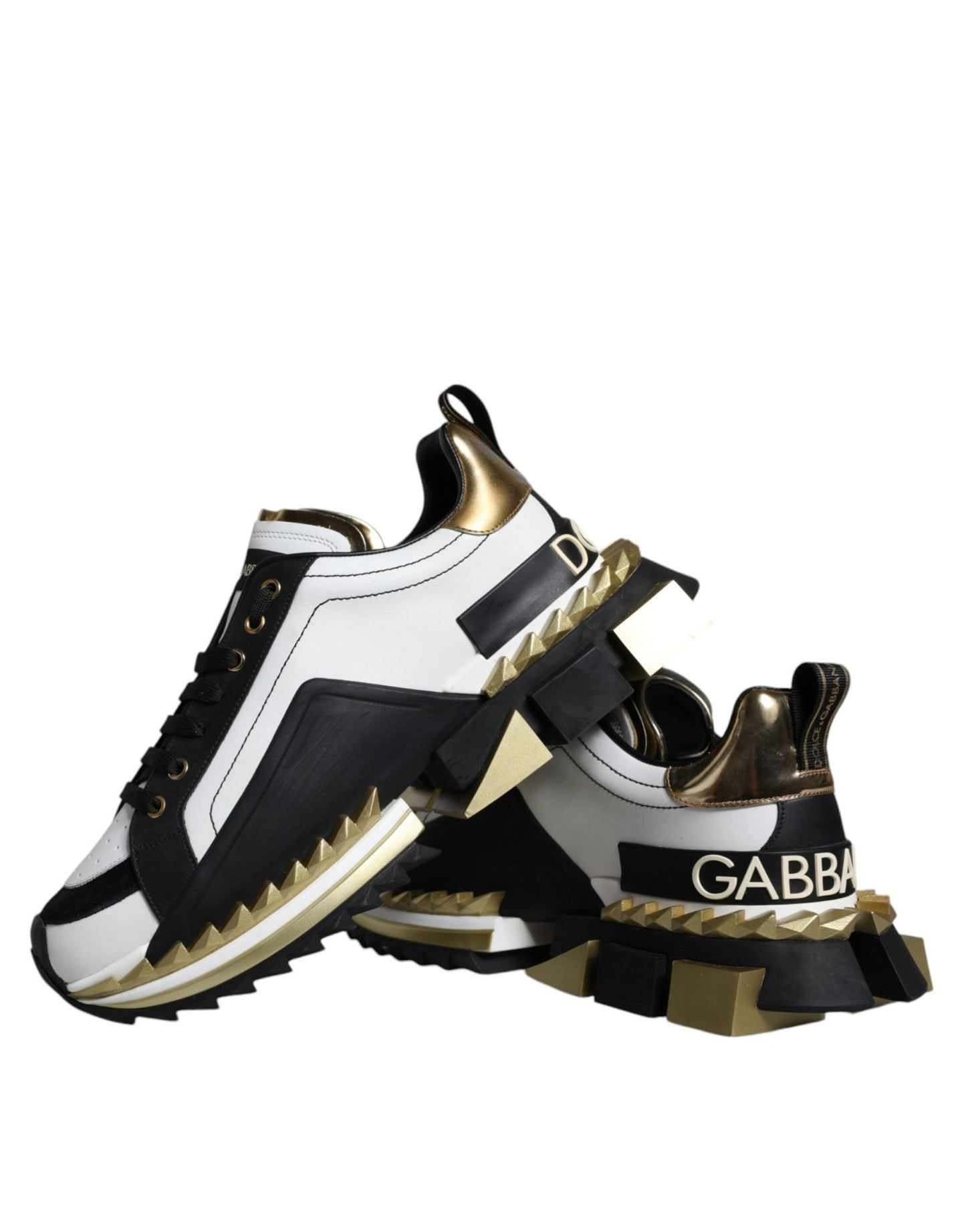 Dolce & Gabbana White Gold Black Leather SUPER KING Sneakers Shoes - Le schmidt