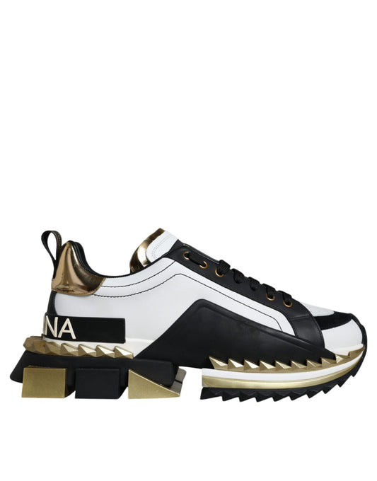 Dolce & Gabbana White Gold Black Leather SUPER KING Sneakers Shoes - Le schmidt