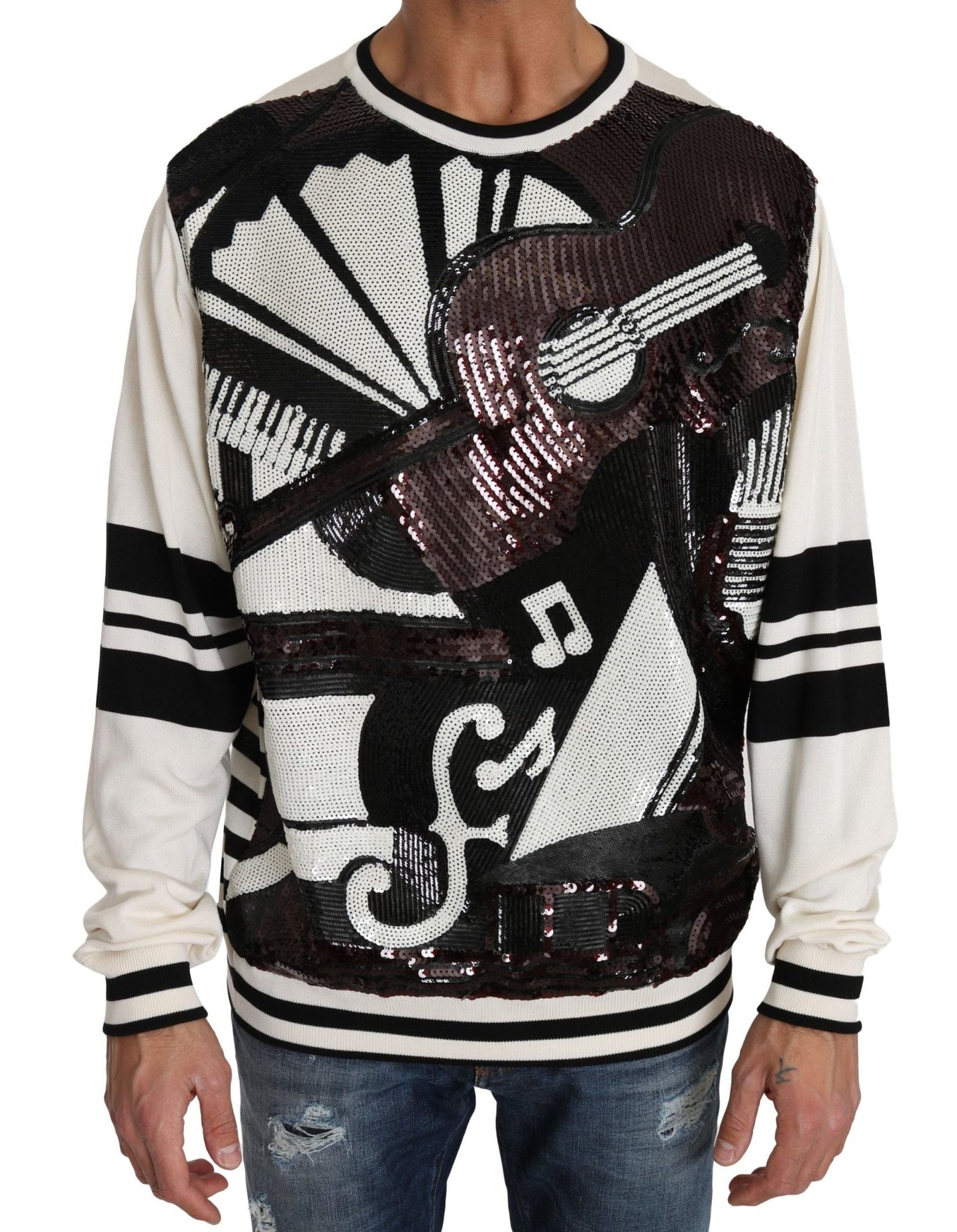 Dolce & Gabbana White Jazz Sequined Guitar Pullover Top Sweater - Le schmidt