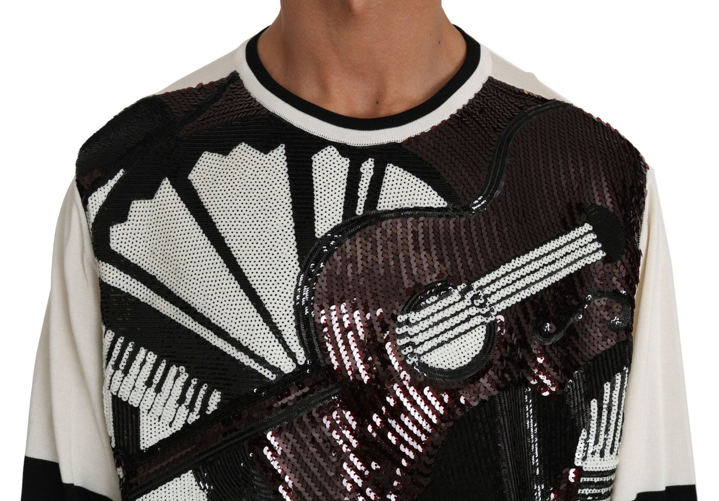 Dolce & Gabbana White Jazz Sequined Guitar Pullover Top Sweater - Le schmidt