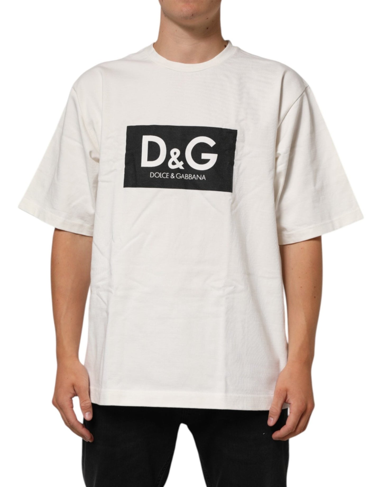 Dolce & Gabbana White Logo Print Cotton Crew Neck Men T-shirt - Le schmidt