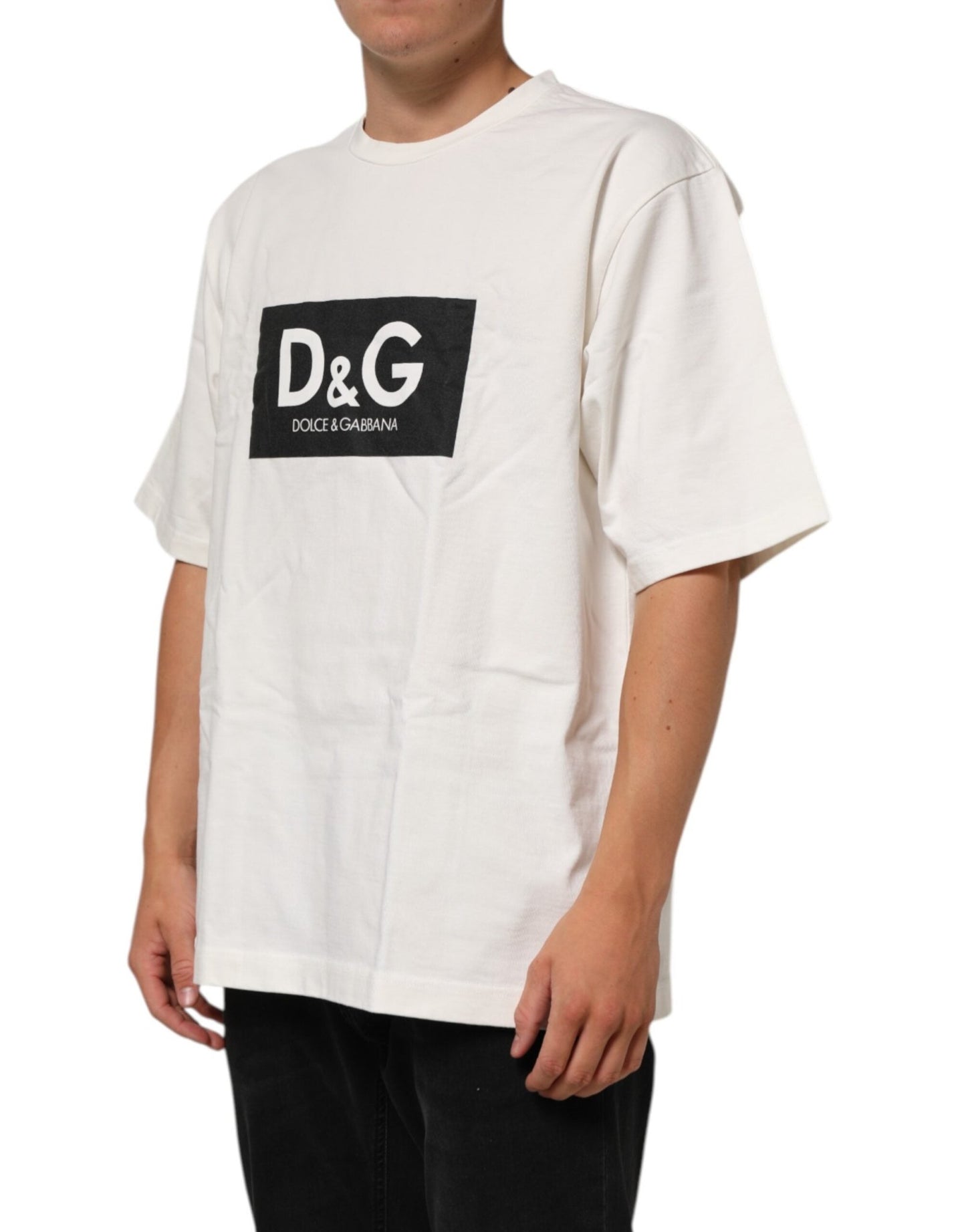 Dolce & Gabbana White Logo Print Cotton Crew Neck Men T-shirt - Le schmidt