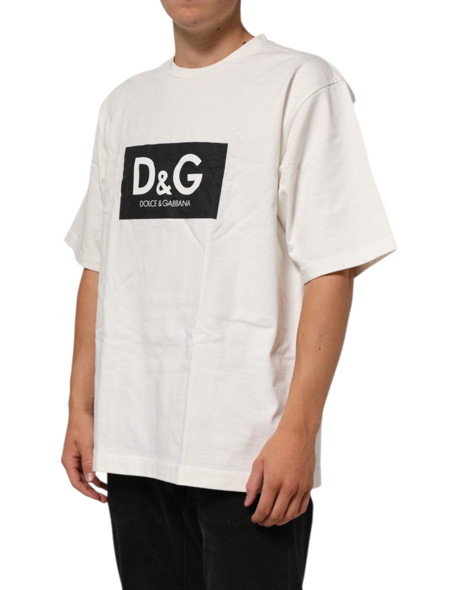Dolce & Gabbana White Logo Print Cotton Crew Neck Men T-shirt - Le schmidt
