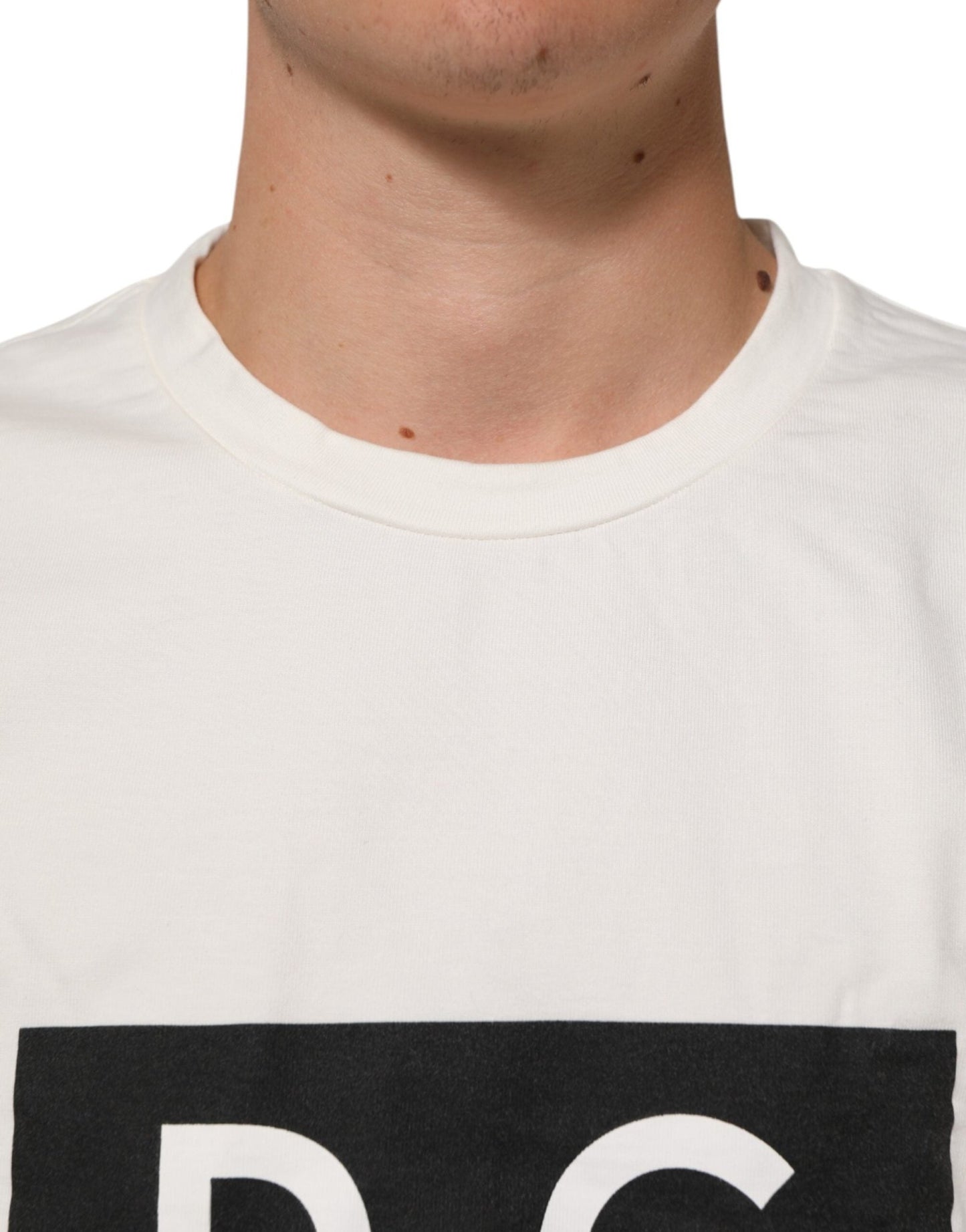 Dolce & Gabbana White Logo Print Cotton Crew Neck Men T-shirt - Le schmidt
