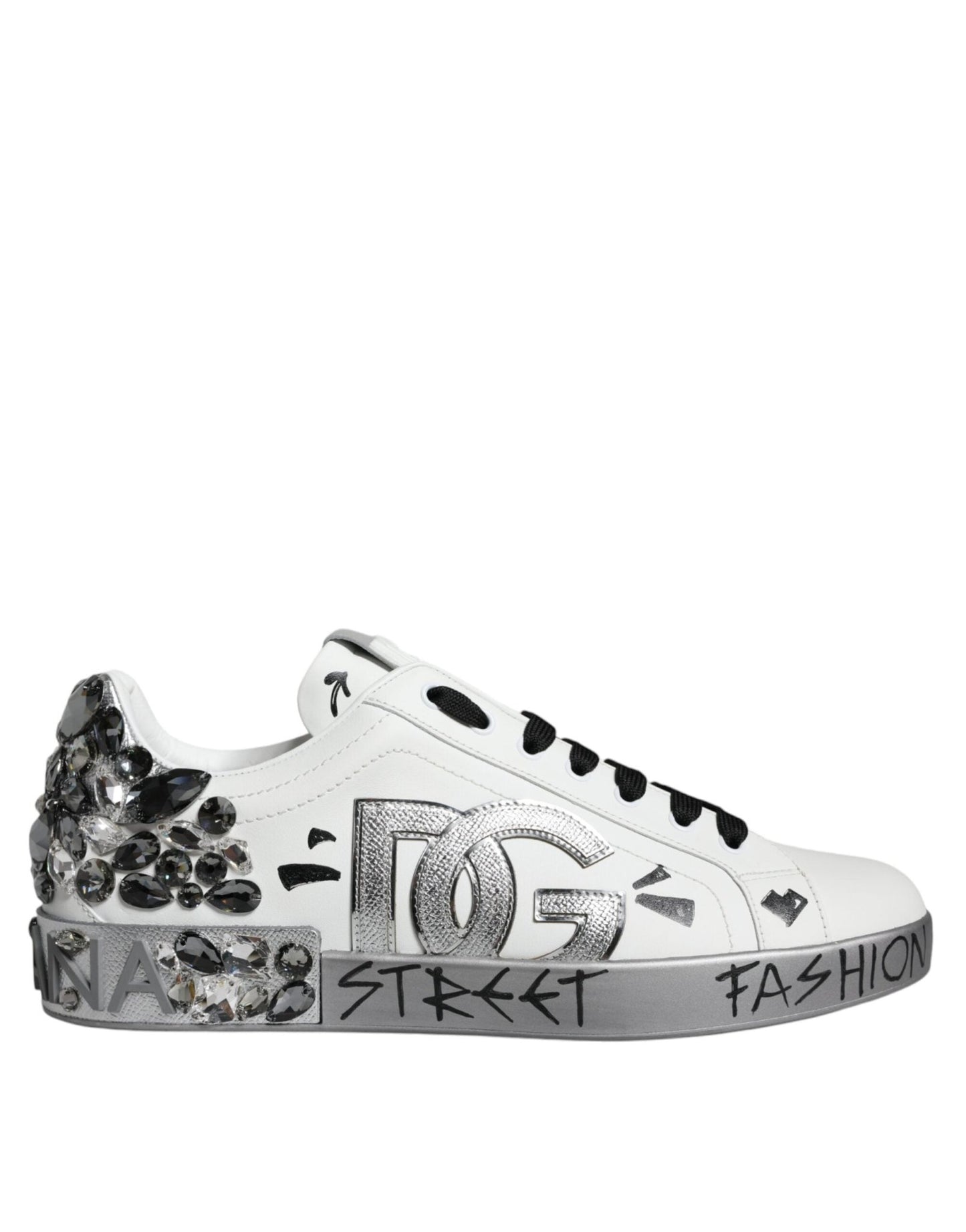 Dolce & Gabbana White Silver Crystal Logo Portofino Sneakers Shoes - Le schmidt