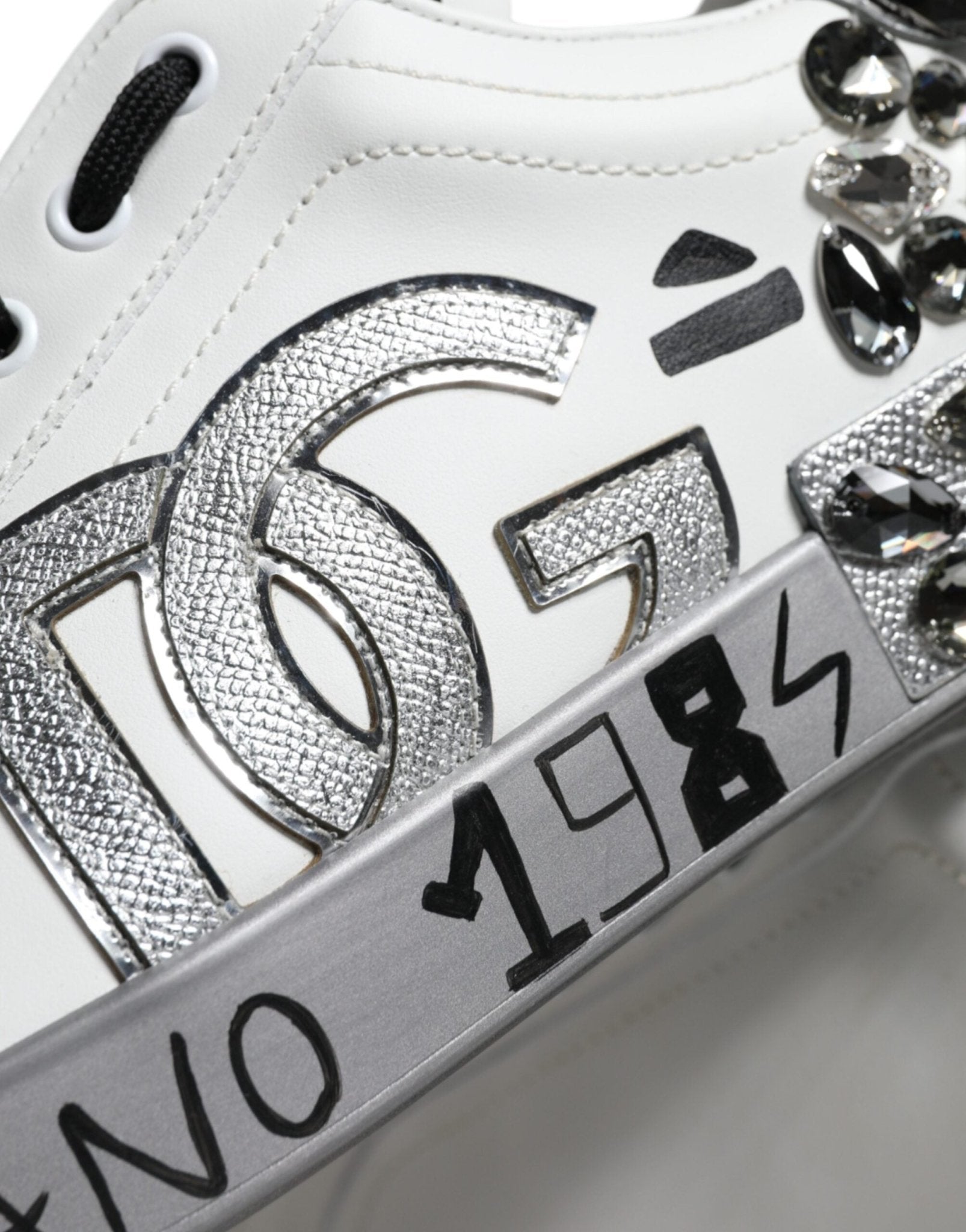 Dolce & Gabbana White Silver Crystal Logo Portofino Sneakers Shoes - Le schmidt