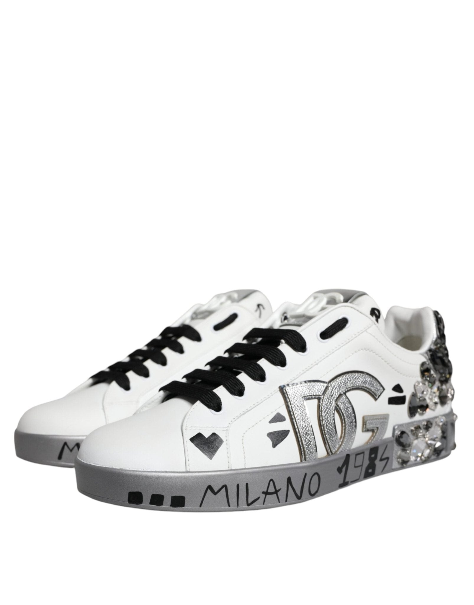 Dolce & Gabbana White Silver Crystal Logo Portofino Sneakers Shoes - Le schmidt