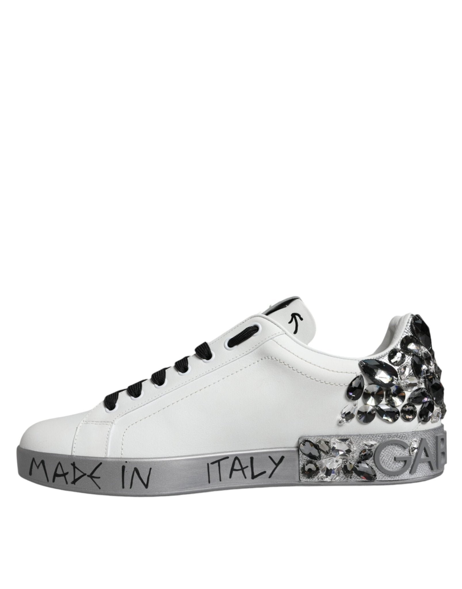 Dolce & Gabbana White Silver Crystal Logo Portofino Sneakers Shoes - Le schmidt