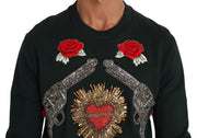 Dolce & Gabbana Green Crystal Heart Roses Gun Sweater