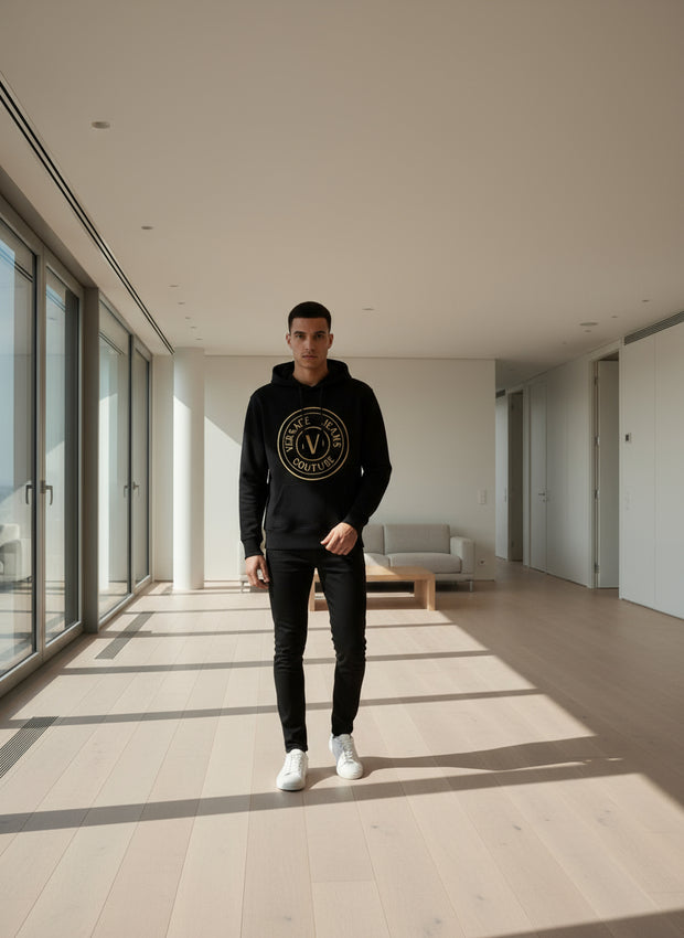 Versace Jeans Black Cotton Logo Details Hooded Sweatshirt
