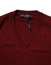 Dolce & Gabbana Maroon Cashmere V-neck Men Pullover Sweater