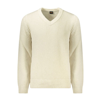 Hugo Boss Beige Uld Herre Trøje V Hals Med Logo Klassisk