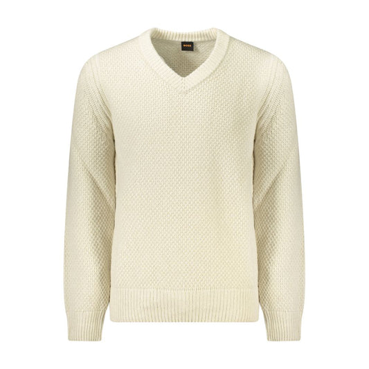 Hugo Boss Beige Uld Herre Trøje V Hals Med Logo Klassisk