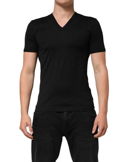 Dolce & Gabbana Black Cotton Plain V - Neck Men Shirt T-shirt - Le schmidt
