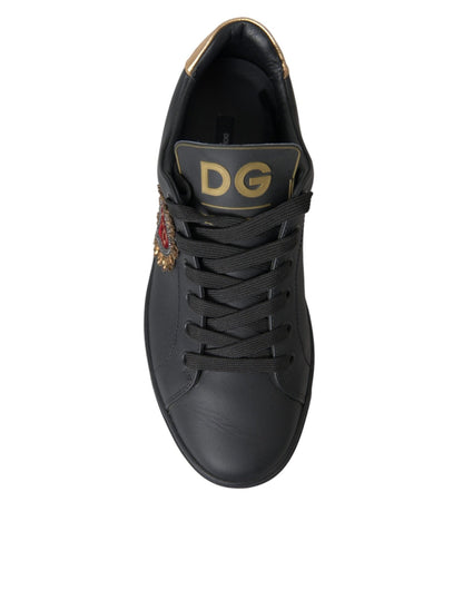 Dolce & Gabbana Black Leather Heart Embellished Sneakers Shoes - Le schmidt