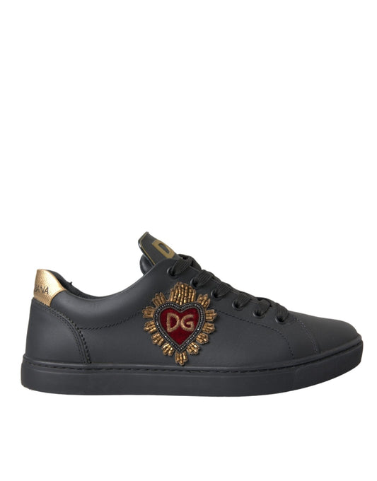 Dolce & Gabbana Black Leather Heart Embellished Sneakers Shoes - Le schmidt