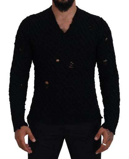 Dolce & Gabbana Black Wool V - neck Knitted Pullover Sweater - Le schmidt