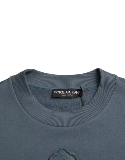 Dolce & Gabbana Blue Cotton Logo Patch Crew Neck Men Pullover Sweater - Le schmidt