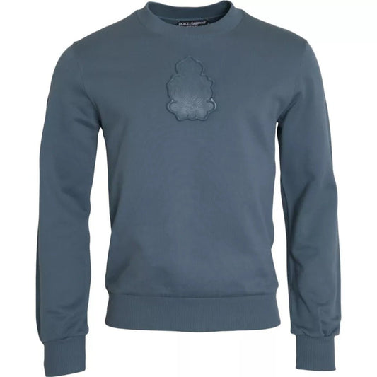 Dolce & Gabbana Blue Cotton Logo Patch Crew Neck Men Pullover Sweater - Le schmidt