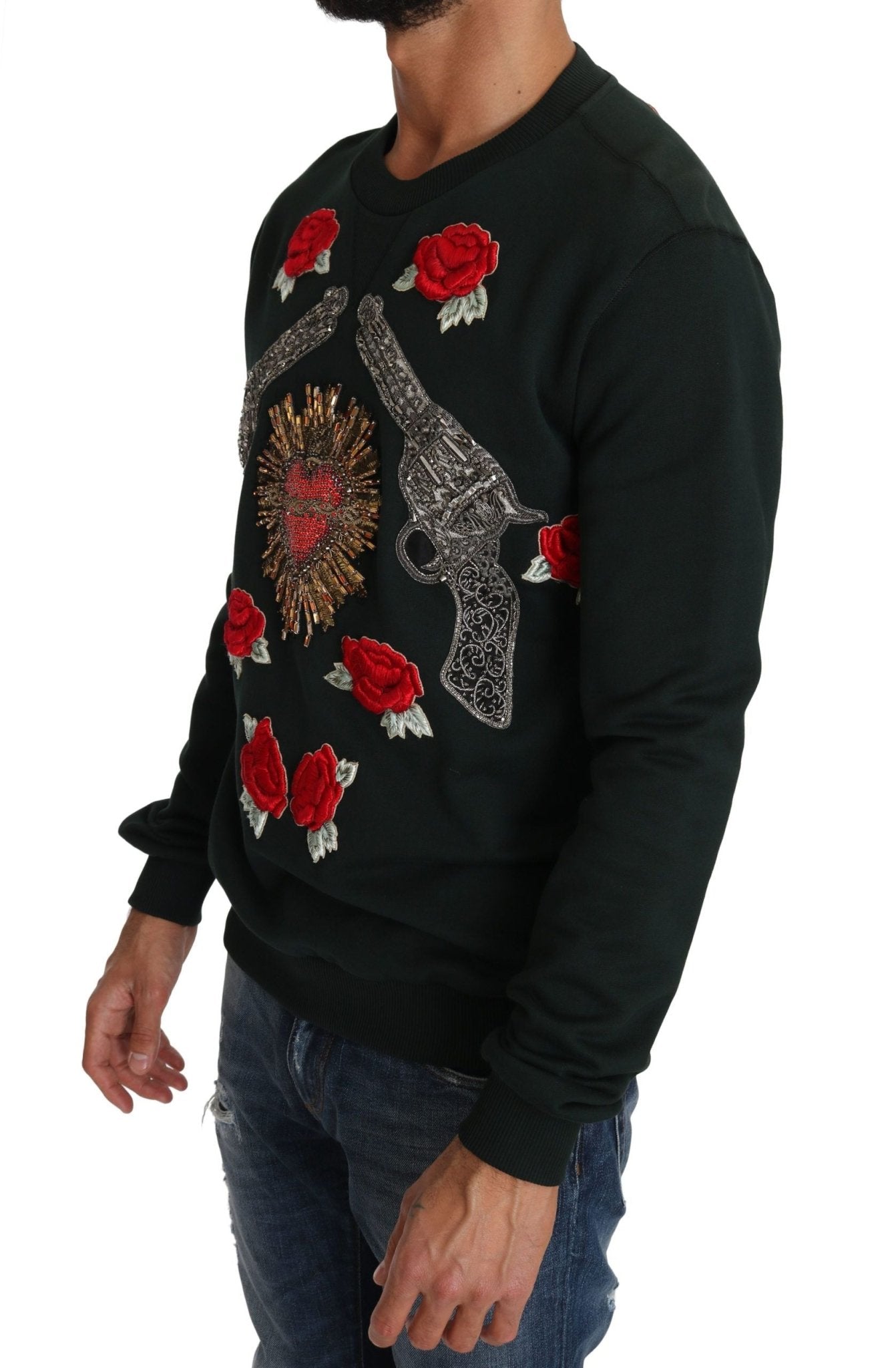 Dolce & Gabbana Green Crystal Heart Roses Gun Sweater - Le schmidt