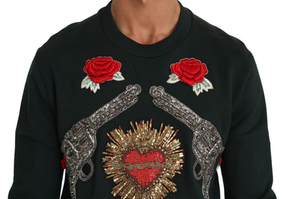 Dolce & Gabbana Green Crystal Heart Roses Gun Sweater - Le schmidt