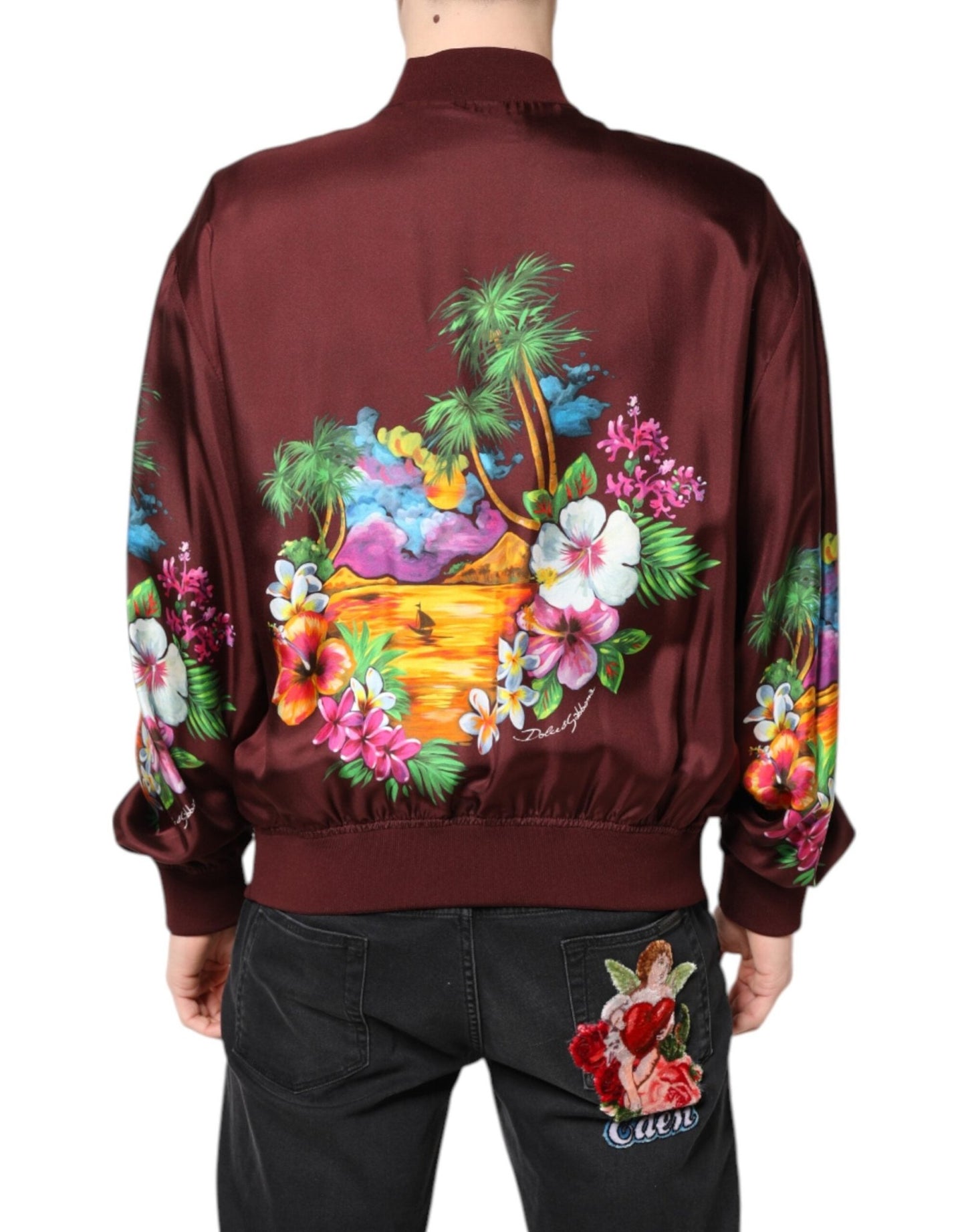 Dolce & Gabbana Maroon Floral Print Full Zip Bomber Jacket - Le schmidt