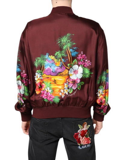 Dolce & Gabbana Maroon Floral Print Full Zip Bomber Jacket - Le schmidt