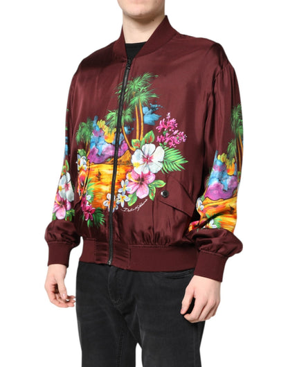 Dolce & Gabbana Maroon Floral Print Full Zip Bomber Jacket - Le schmidt