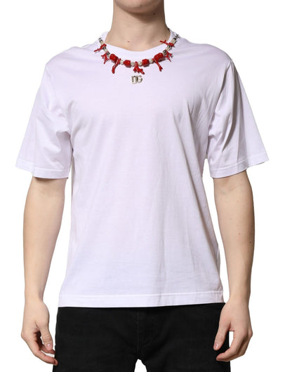 Dolce & Gabbana White Embellished Cotton Crew Neck T-shirt - Le schmidt