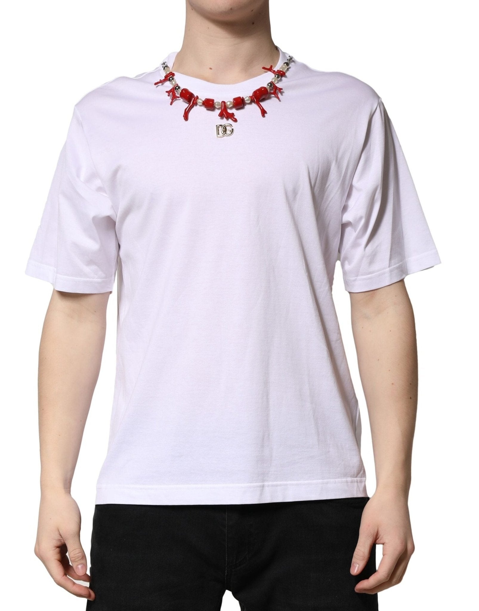 Dolce & Gabbana White Embellished Cotton Crew Neck T-shirt - Le schmidt