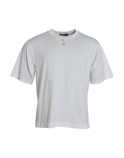 Dolce & Gabbana White Embellished Cotton Crew Neck T-shirt - Le schmidt